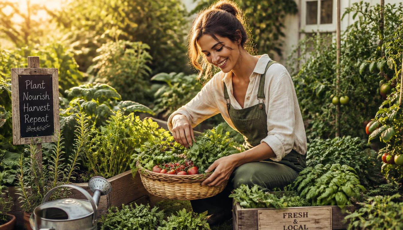 Frau erntet frisches Gemüse und Kräuter im sonnigen Garten