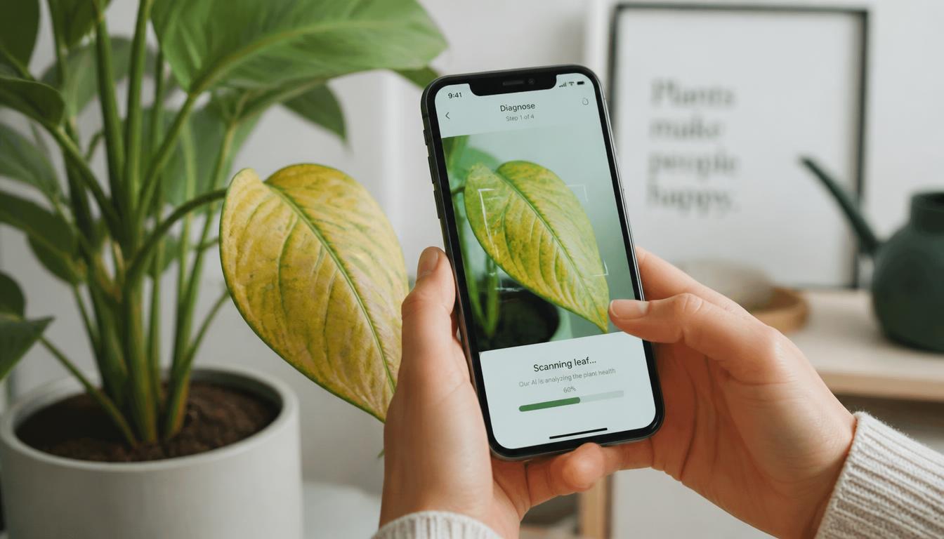 Smartphone-Foto eines gelben Blattes für die KI-Diagnose