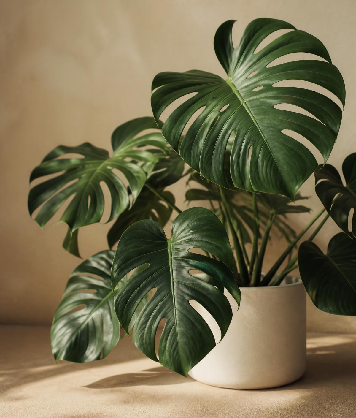 Monstera deliciosa mit geschlitzten Blättern in einem cremefarbenen Topf