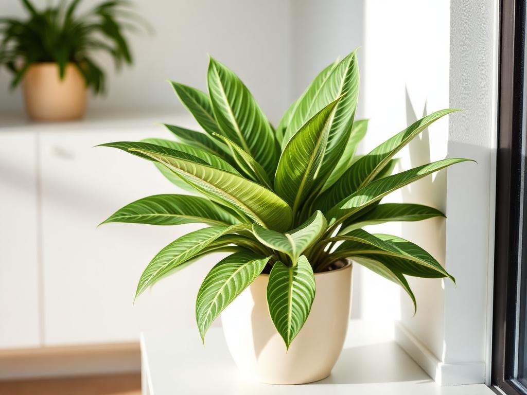Calathea mit silbrig gestreiften Blättern in einem cremefarbenen Topf