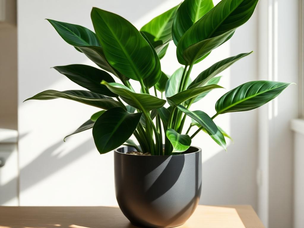 Zamioculcas mit glänzend dunkelgrünen Blättern in einem anthrazitfarbenen Topf